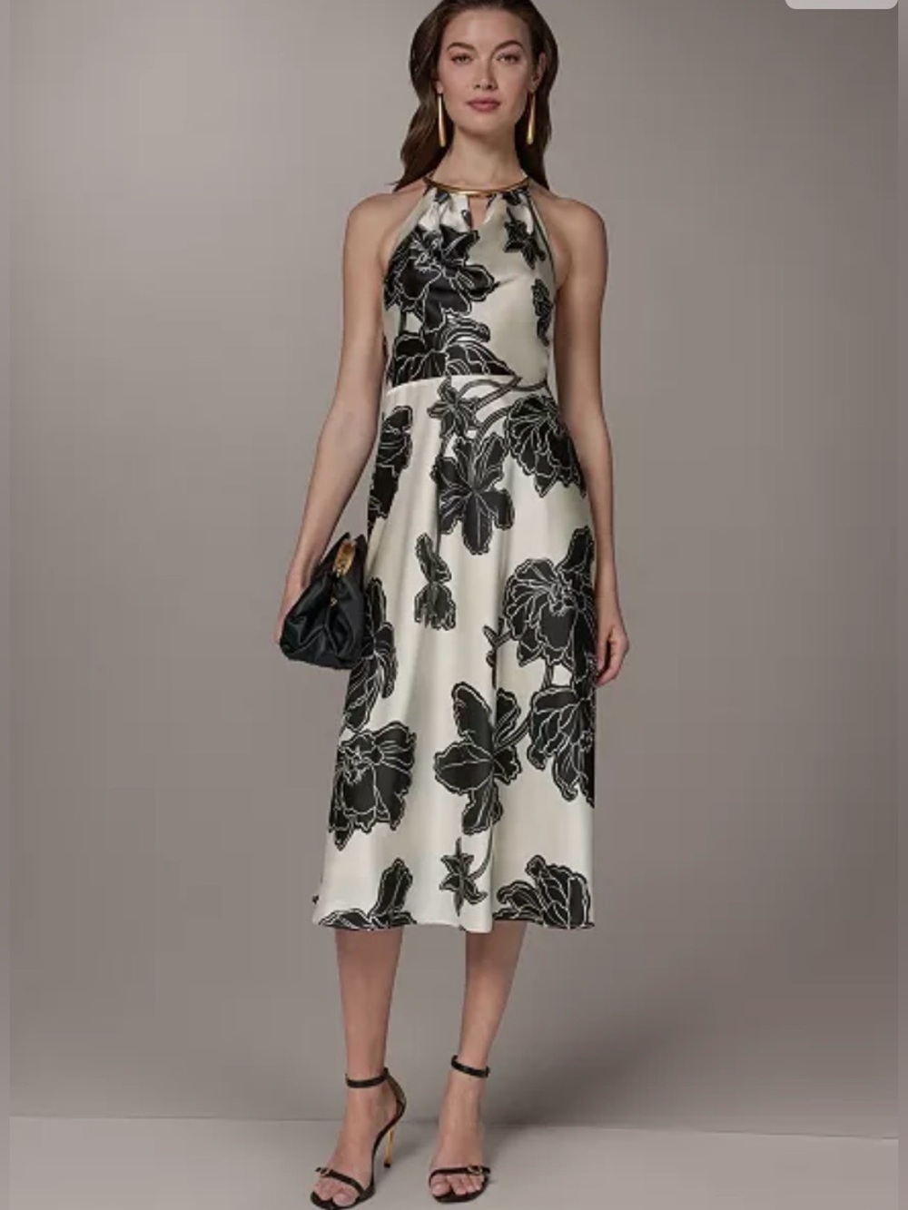 Donna Karan Cream Maxi Dress with Black Floral Print Cowl Neck Halter